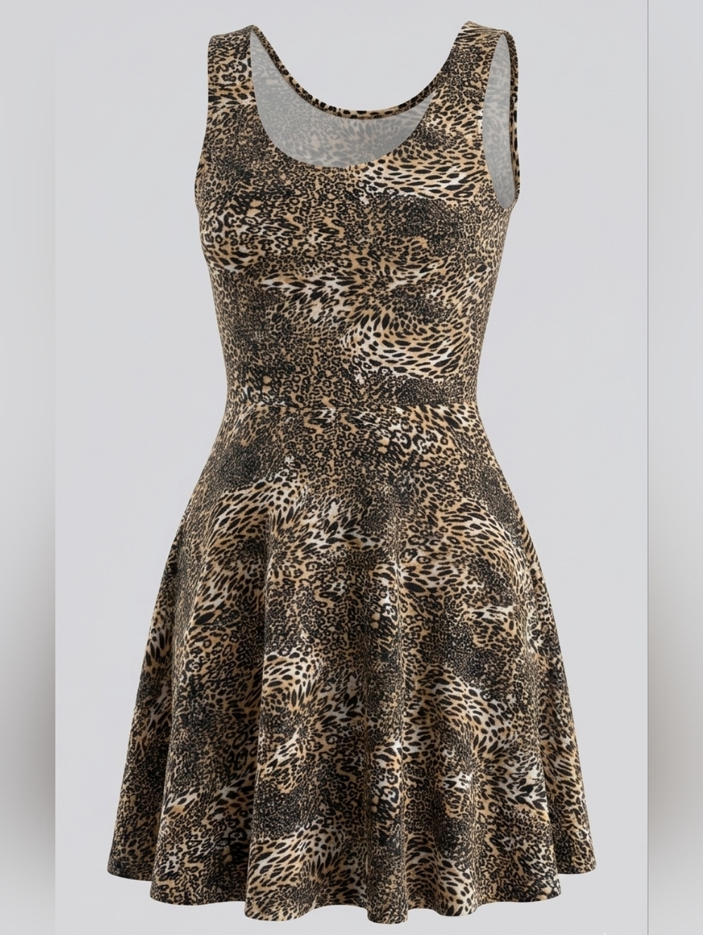 Sleeveless Tan Black Leopard Print Stretchy Fit & Flare Whimsigoth Dress Size 10